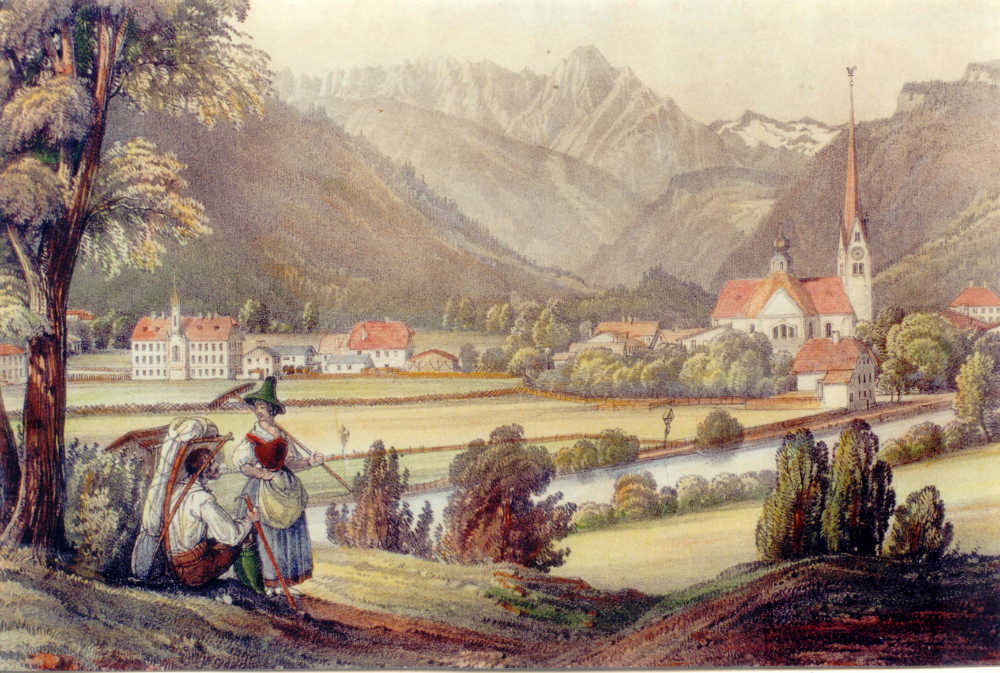Historische Ansicht des Zillertals, 1853 Historische Ansicht von Zell am Ziller mit Kirche, Bergen und Personen in Tracht, Lithografie von 1853.